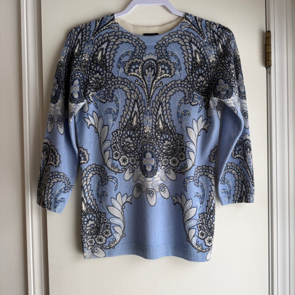 Talbots Pure Cashmere Blue Paisley Print 3/4 Sleeve Sweater Women's Size S